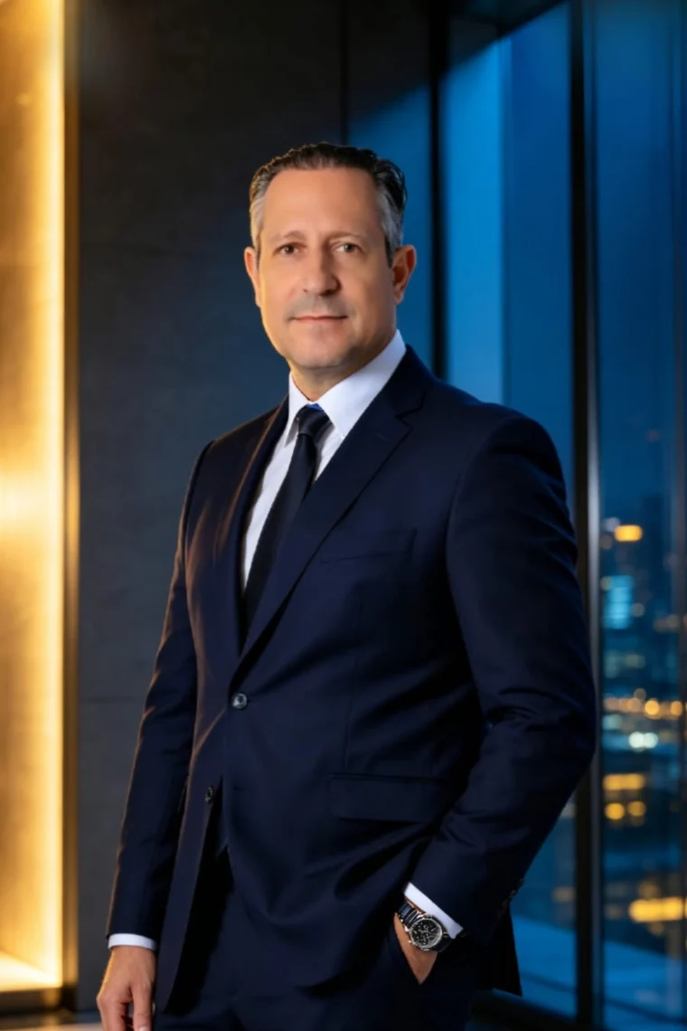 Ricardo Alberto Escher, advogado e palestrante corporativo, em pose de retrato profissional de terno escuro